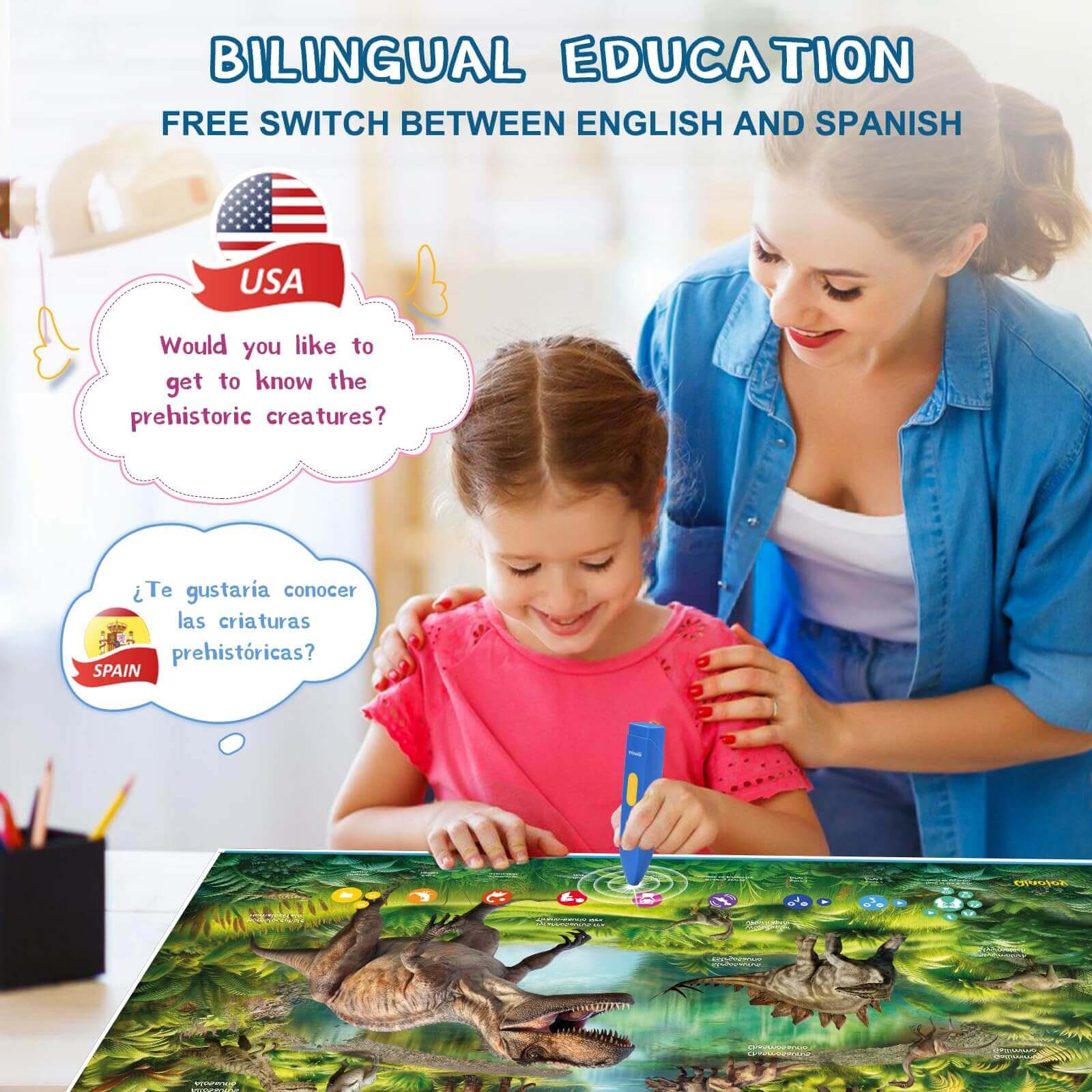 Qiaojoy Bilingual Interactiv Dinosaur Poster